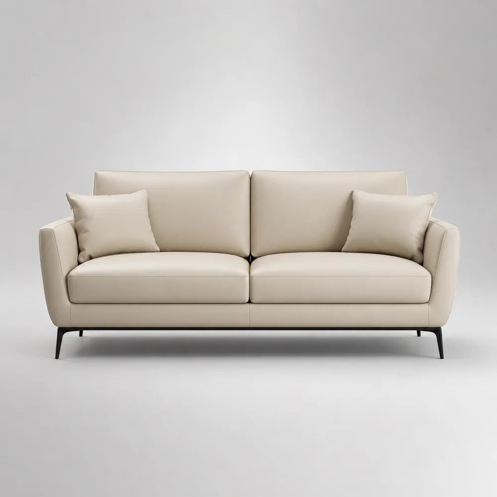 Divano 2 posti in pelle sintetica beige con gambe in acciaio nero, 200 x 88 x 84 cm