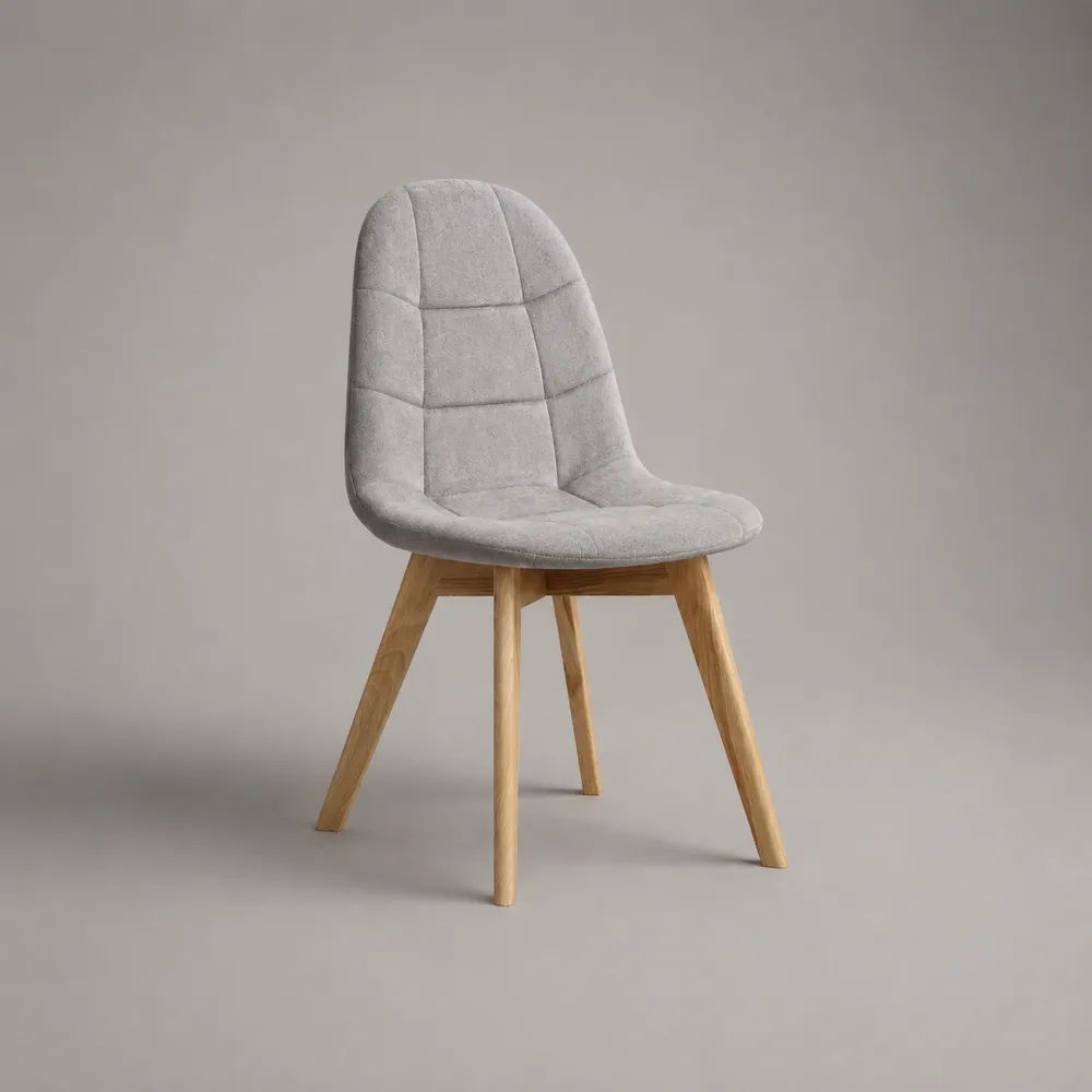 Sedia da pranzo imbottita in tessuto grigio chiaro con schienale arrotondato e gambe in legno, 48 x 56 x 84 cm