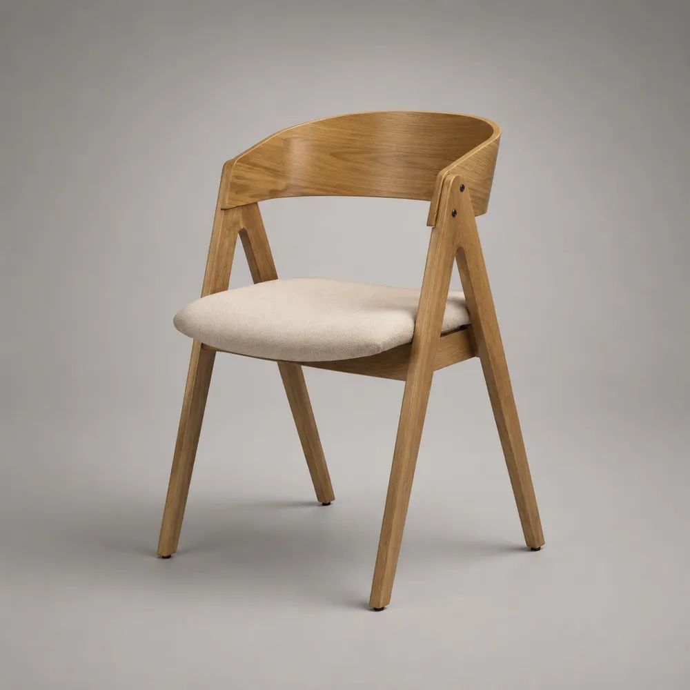 Sedia da pranzo in legno e tessuto beige con schienale curvo, 56 x 55 x 78 cm
