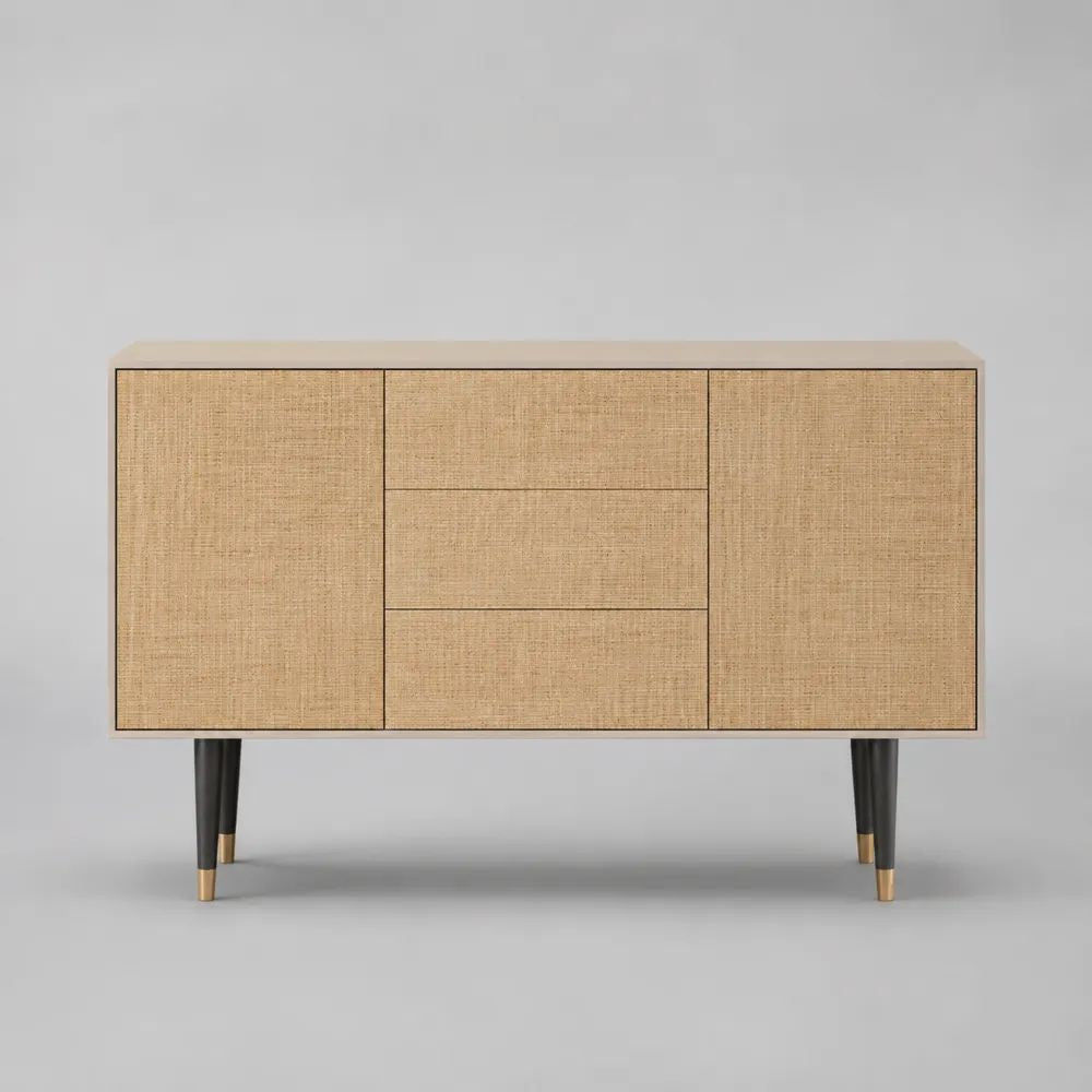 Credenza rettangolare in MDF e rattan intrecciato con 2 ante e 3 cassetti, beige, nero e ottone, 140 x 40 x 85 cm