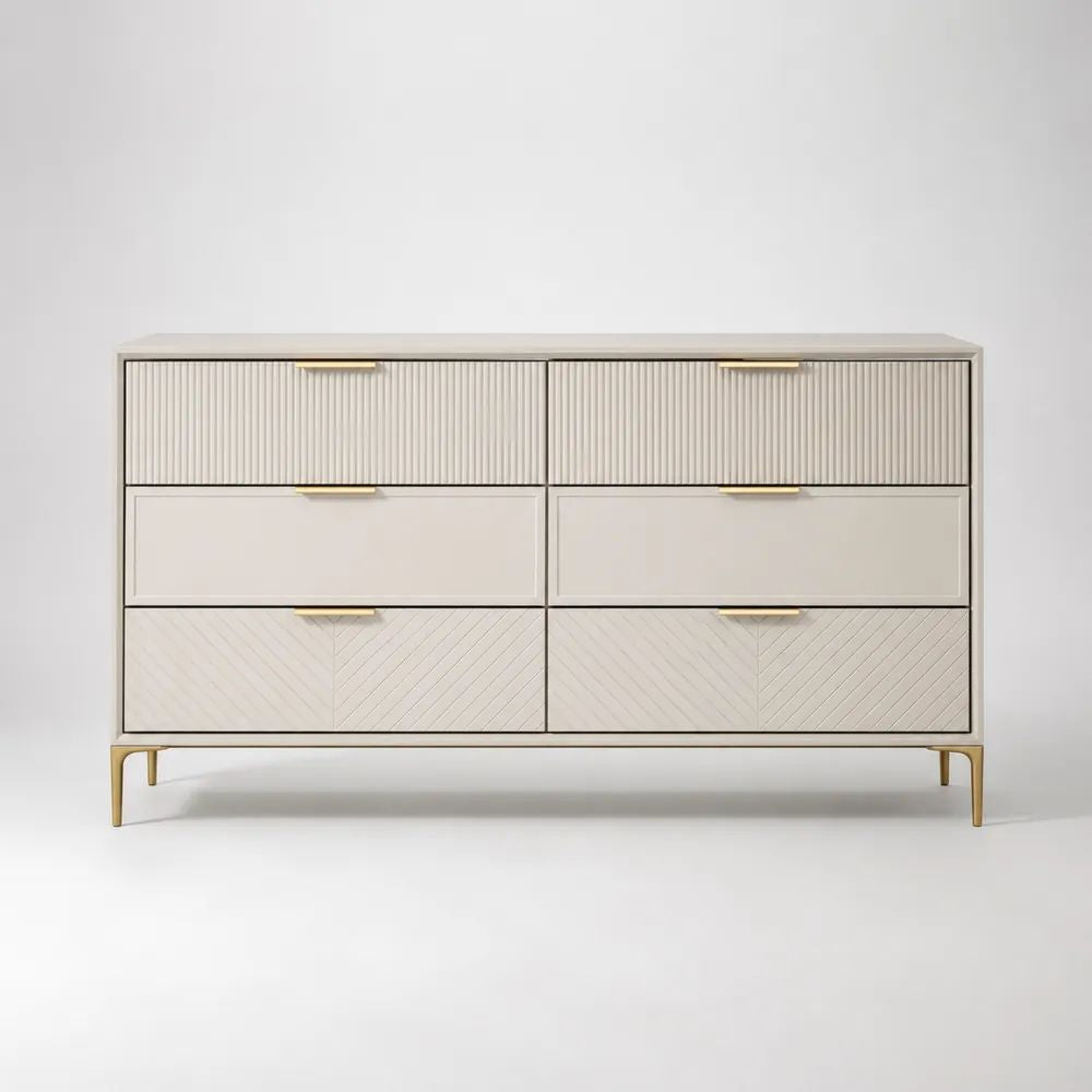 Credenza cassettiera rettangolare a 6 cassetti in MDF e acciaio, bianco avorio e oro, 120 x 40 x 80 cm