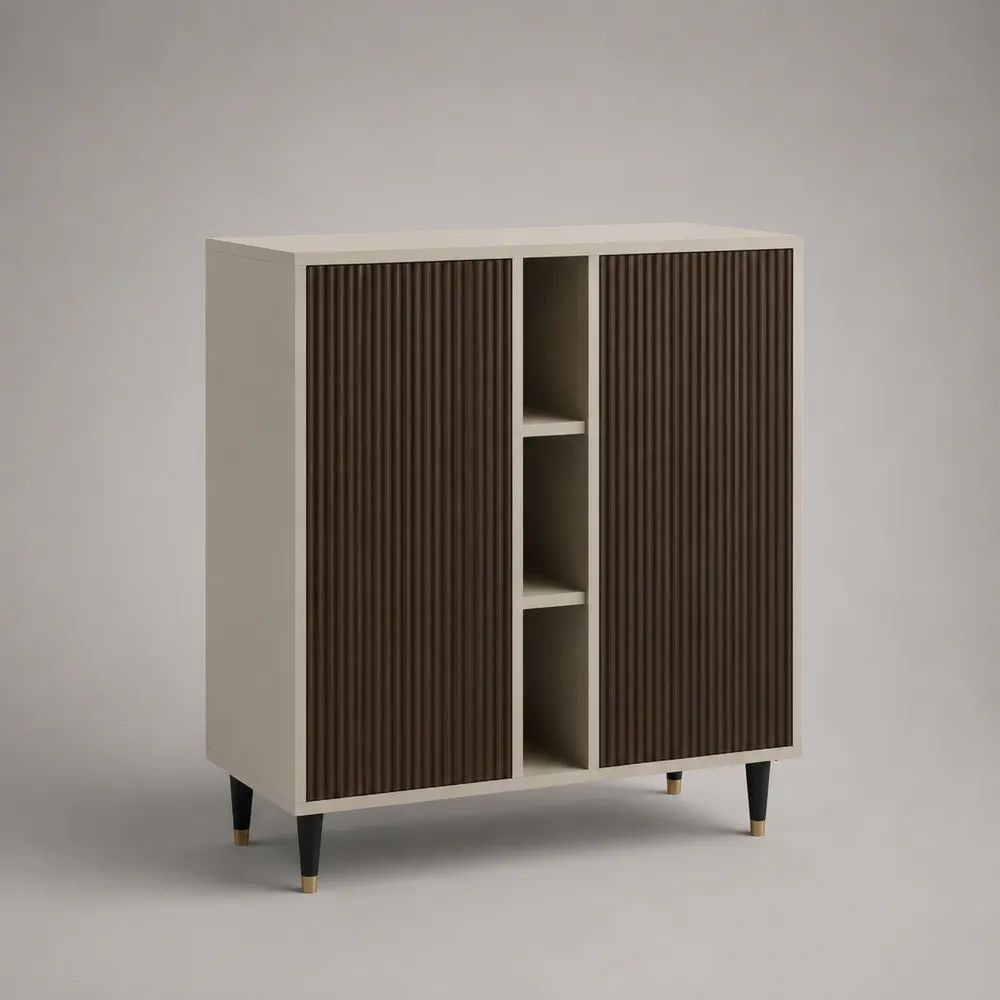 Credenza alta rettangolare a 2 ante in MDF scanalato beige e marrone scuro, 100 × 40 × 120 cm