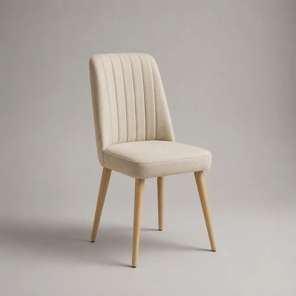 Sedia da pranzo imbottita beige in tessuto con schienale scanalato e gambe in acciaio effetto rovere, 48 × 56 × 84 cm