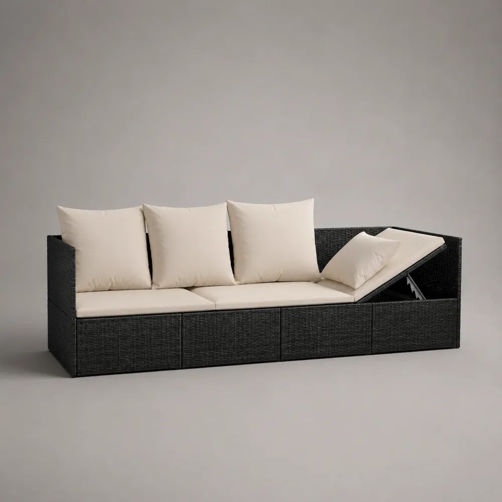 Lettino prendisole da esterno a 3 posti con schienale regolabile, struttura in polyrattan nero e cuscini crema, 200 x 75 x 65 cm