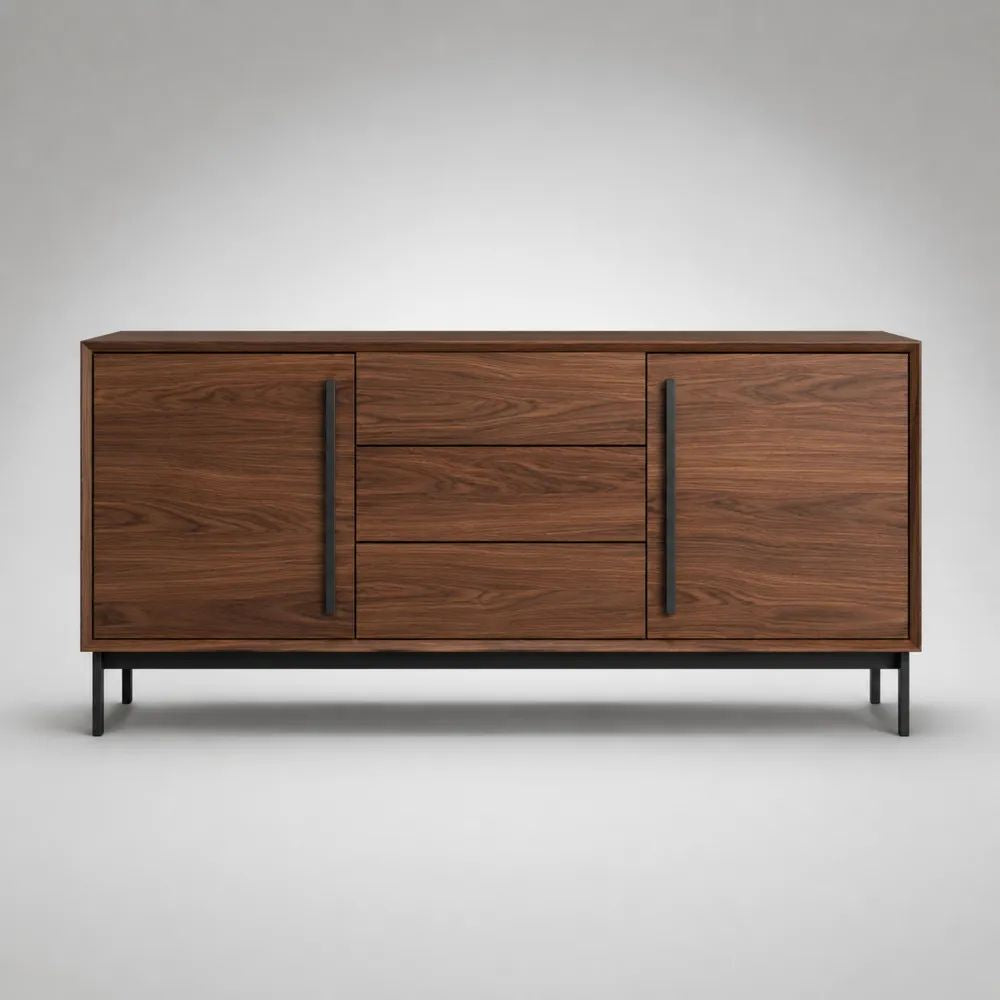 Madia credenza rettangolare in MDF e acciaio nero con 2 ante e 3 cassetti, marrone noce, 160 x 40 x 78 cm