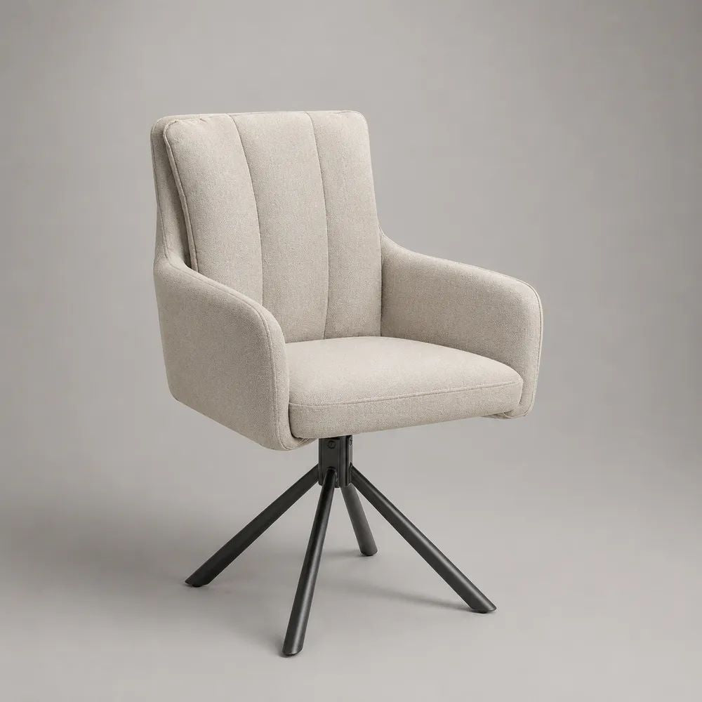 Sedia da pranzo girevole con braccioli in tessuto bouclé beige e base in acciaio nero, 59 x 62 x 84 cm