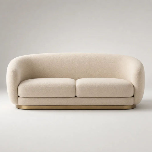 Divano 3 posti in bouclé di poliestere avorio con base in acciaio inox dorato, 220 x 95 x 78 cm