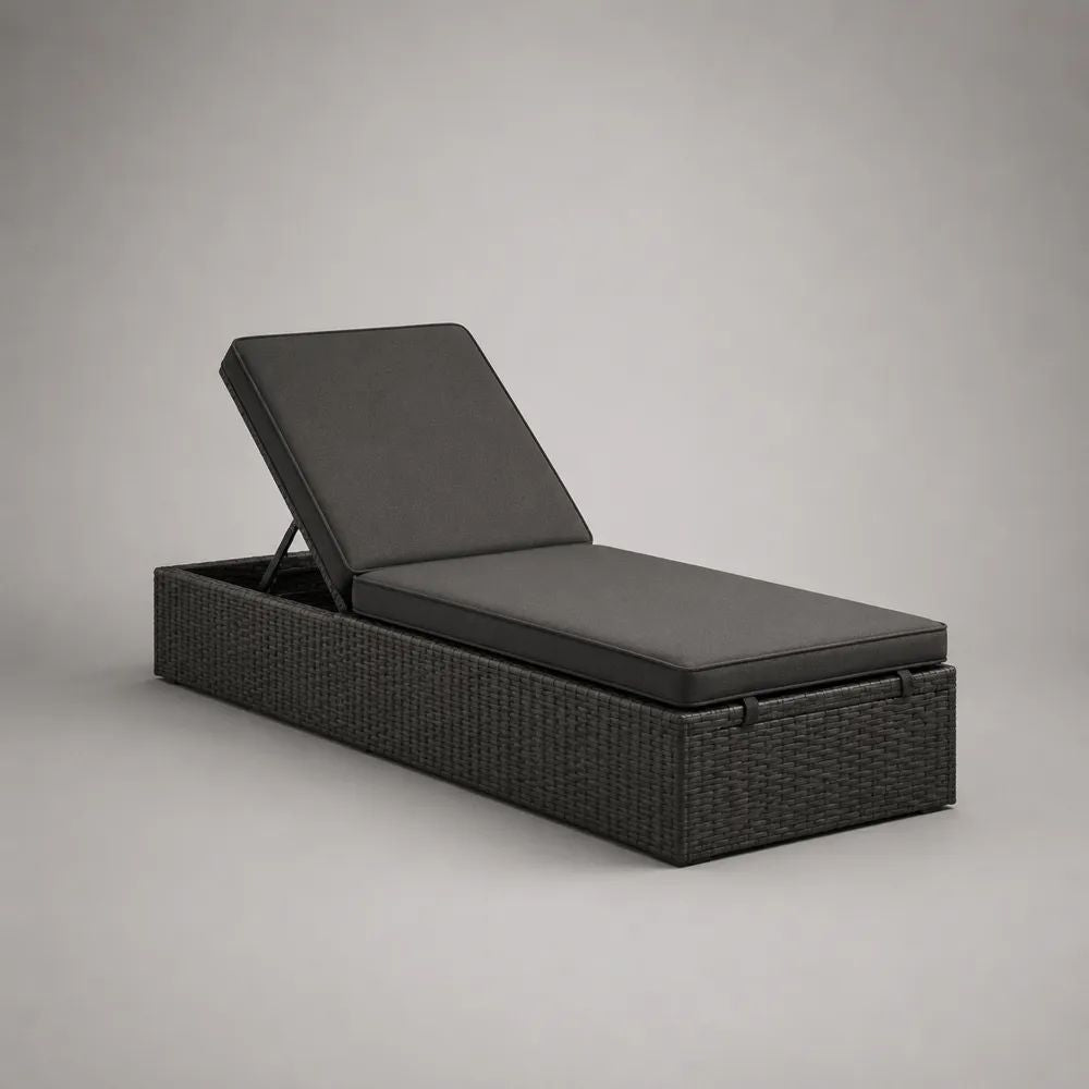 Lettino prendisole reclinabile da esterno in polyrattan con 2 cuscini grigio antracite, 195 × 65 × 35-90 cm