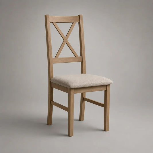 Sedia da pranzo in rovere massello con schienale a X e seduta imbottita beige, 45 x 50 x 98 cm