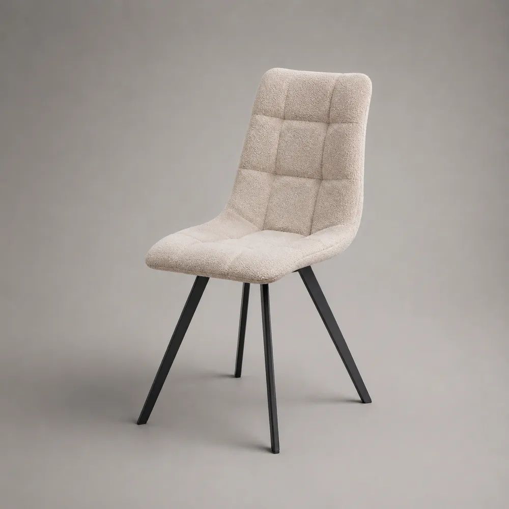 Sedia da pranzo imbottita in poliestere bouclé beige con gambe in acciaio nero, 50 × 58 × 86 cm
