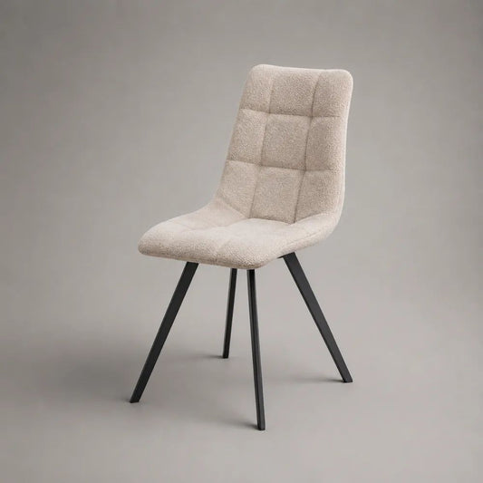 Sedia da pranzo imbottita in poliestere bouclé beige con gambe in acciaio nero, 50 × 58 × 86 cm