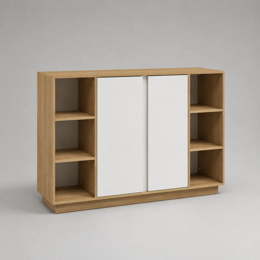 Credenza rettangolare in pannello truciolare melaminico rovere naturale e bianco, 120 x 35 x 90 cm