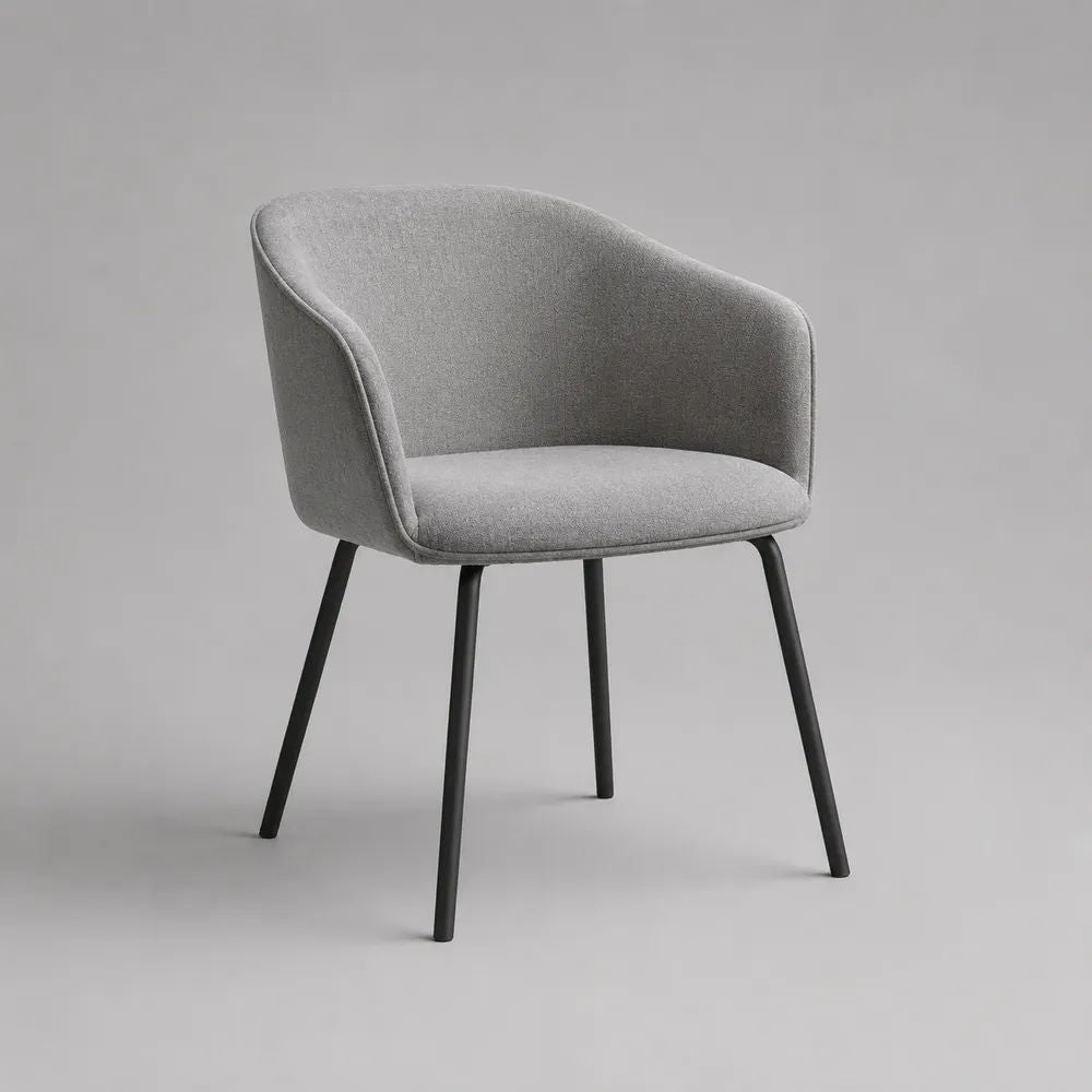 Sedia da pranzo imbottita in tessuto grigio con braccioli e gambe in acciaio nero, 57 x 58 x 80 cm