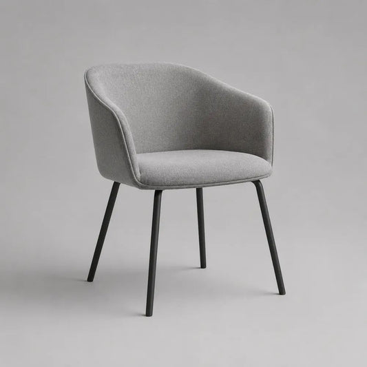 Sedia da pranzo imbottita in tessuto grigio con braccioli e gambe in acciaio nero, 57 x 58 x 80 cm