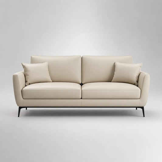 Divano 2 posti in pelle sintetica beige con gambe in acciaio nero, 200 x 88 x 84 cm