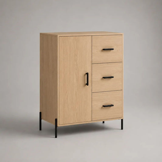 Credenza alta rettangolare in legno e metallo con 1 anta e 3 cassetti, rovere naturale e nero, 80 × 40 × 110 cm