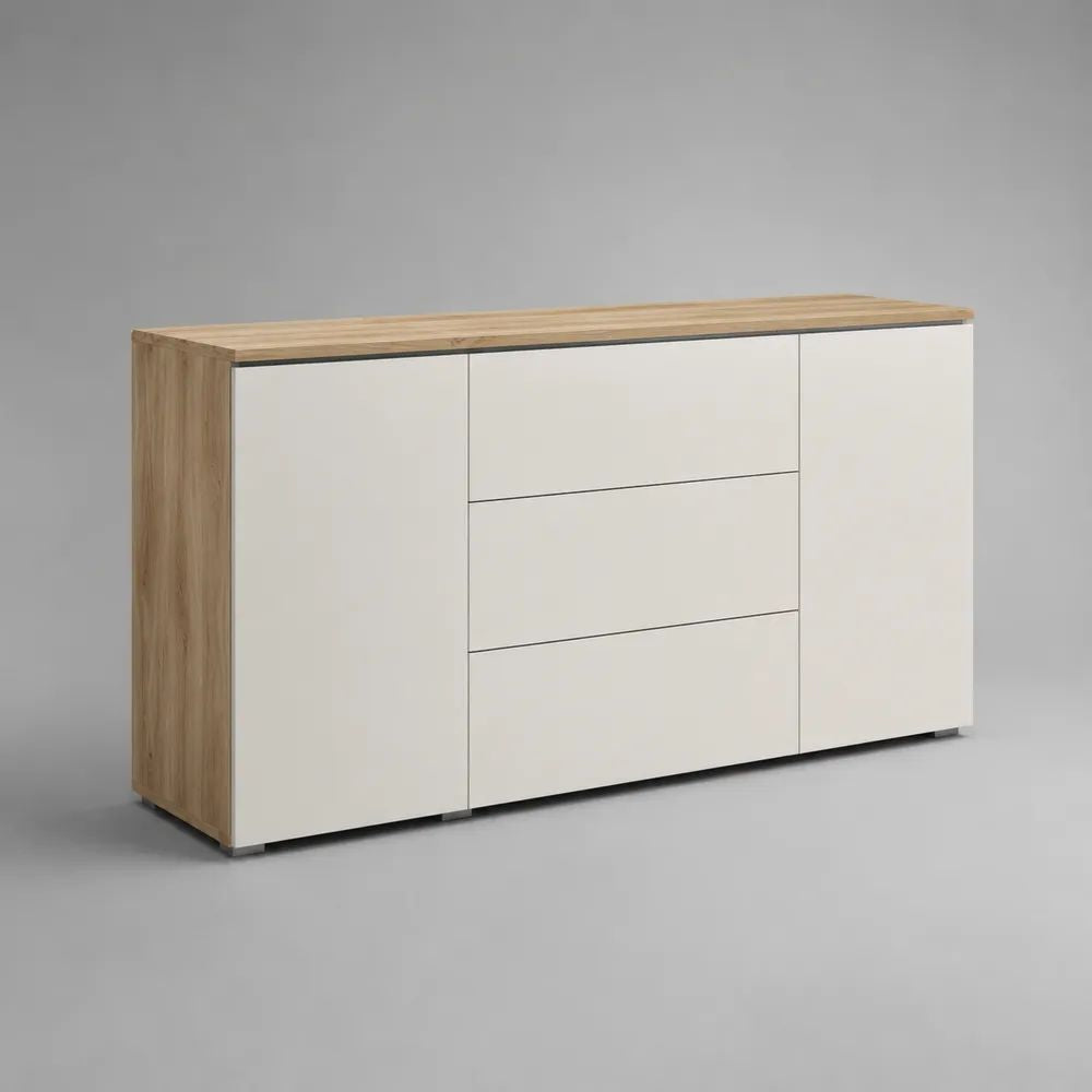 Credenza rettangolare a 2 ante e 3 cassetti in pannello truciolare melaminico, bianco e rovere naturale, 160 x 40 x 85 cm