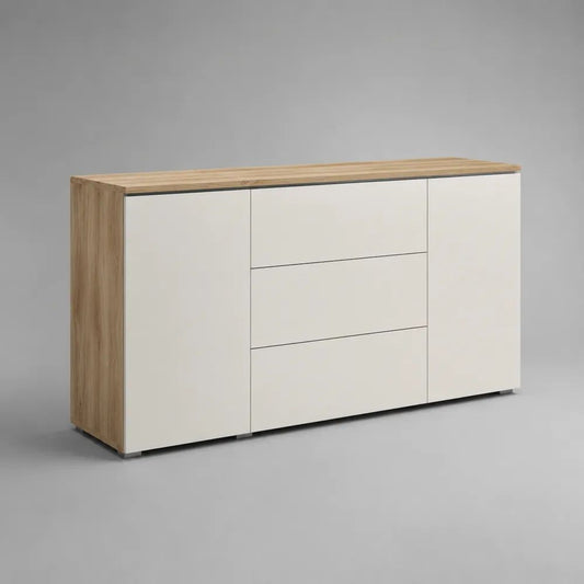 Credenza rettangolare a 2 ante e 3 cassetti in pannello truciolare melaminico, bianco e rovere naturale, 160 x 40 x 85 cm
