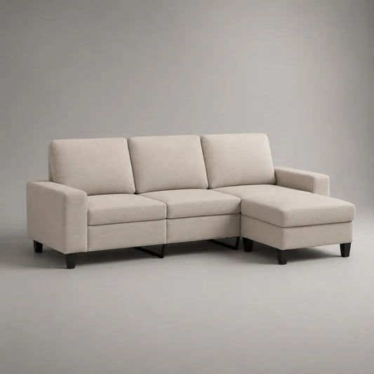 Divano angolare 3 posti con penisola destra, rivestimento in tessuto e struttura in legno, 218 × 145 × 88 cm, beige