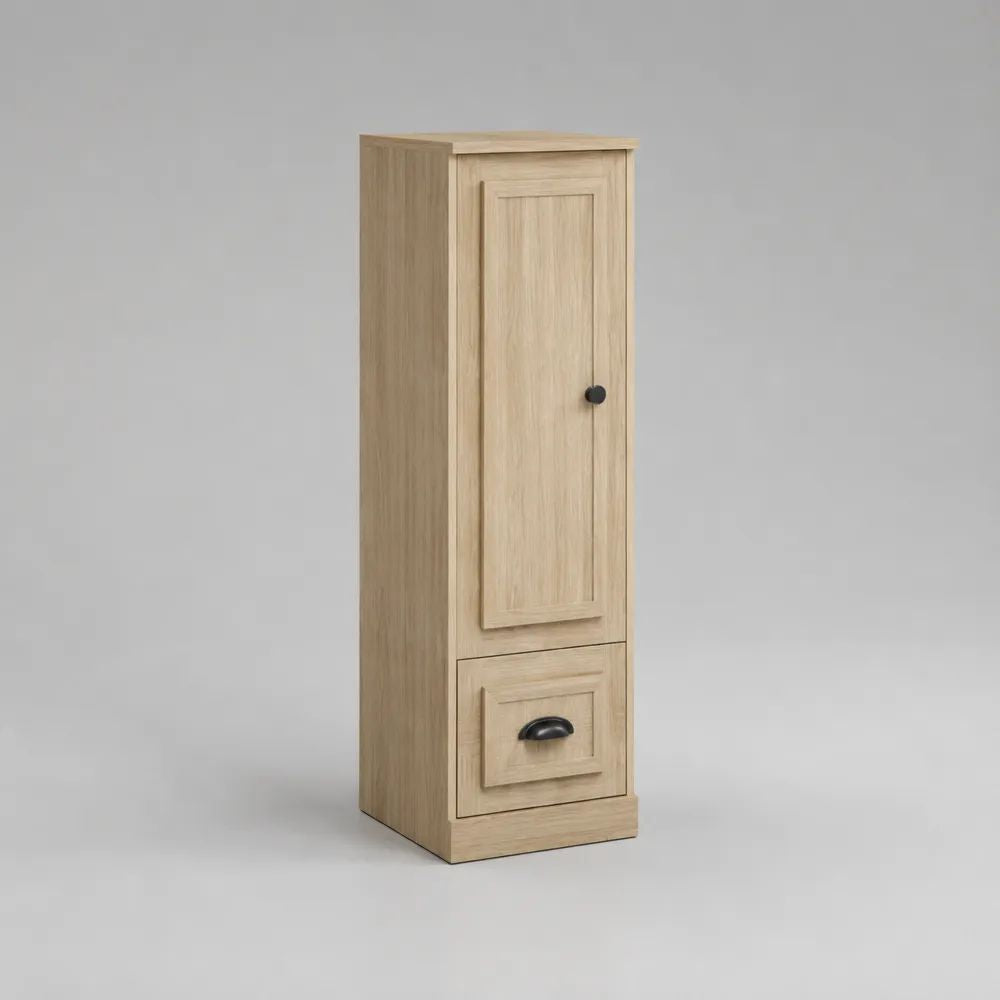 Mobile colonna rettangolare in legno con anta e cassetto, rovere naturale e nero, 40 × 35 × 140 cm