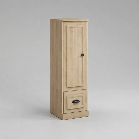 Mobile colonna rettangolare in legno con anta e cassetto, rovere naturale e nero, 40 × 35 × 140 cm
