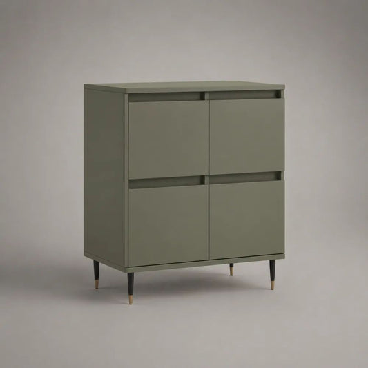 Credenza rettangolare a 4 ante in MDF laccato verde oliva con gambe in acciaio, 90 × 40 × 110 cm