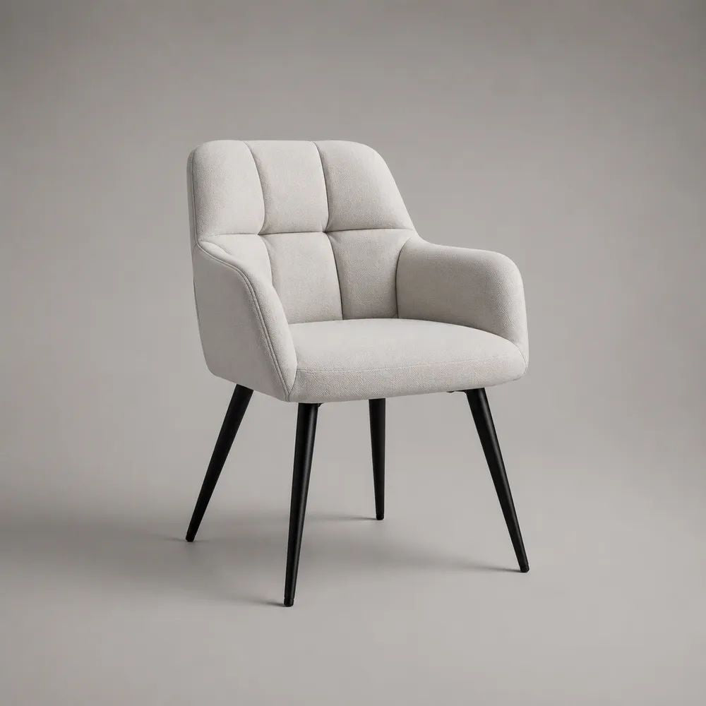 Sedia da pranzo imbottita con braccioli in tessuto beige e gambe in metallo nero, 58 x 59 x 83 cm