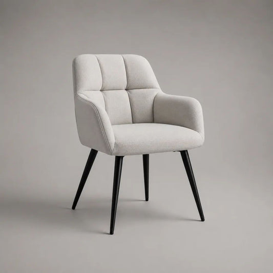 Sedia da pranzo imbottita con braccioli in tessuto beige e gambe in metallo nero, 58 x 59 x 83 cm