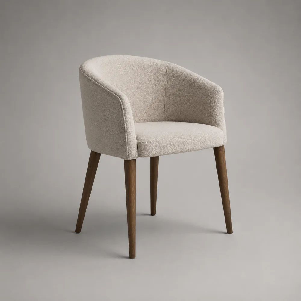 Sedia da pranzo beige con braccioli, schienale curvo in tessuto bouclé e gambe in legno marrone, 60 x 58 x 78 cm