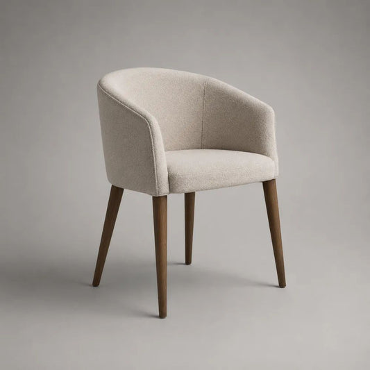 Sedia da pranzo beige con braccioli, schienale curvo in tessuto bouclé e gambe in legno marrone, 60 x 58 x 78 cm