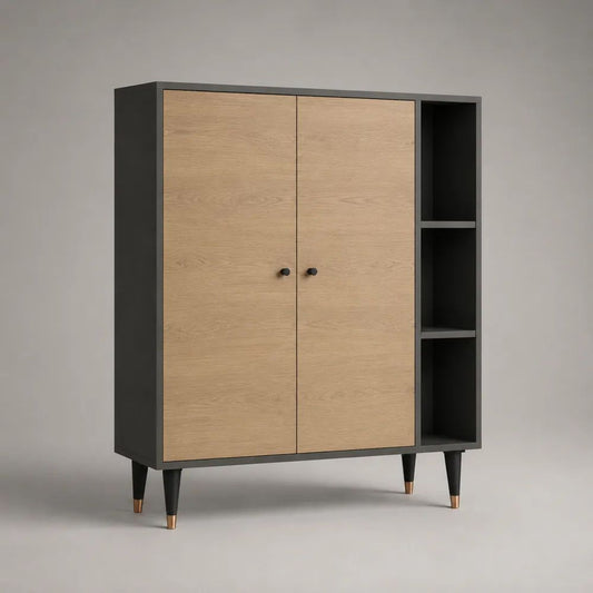 Madia alta in legno con 2 ante e 3 vani aperti, rovere naturale e antracite, 120 × 40 × 150 cm