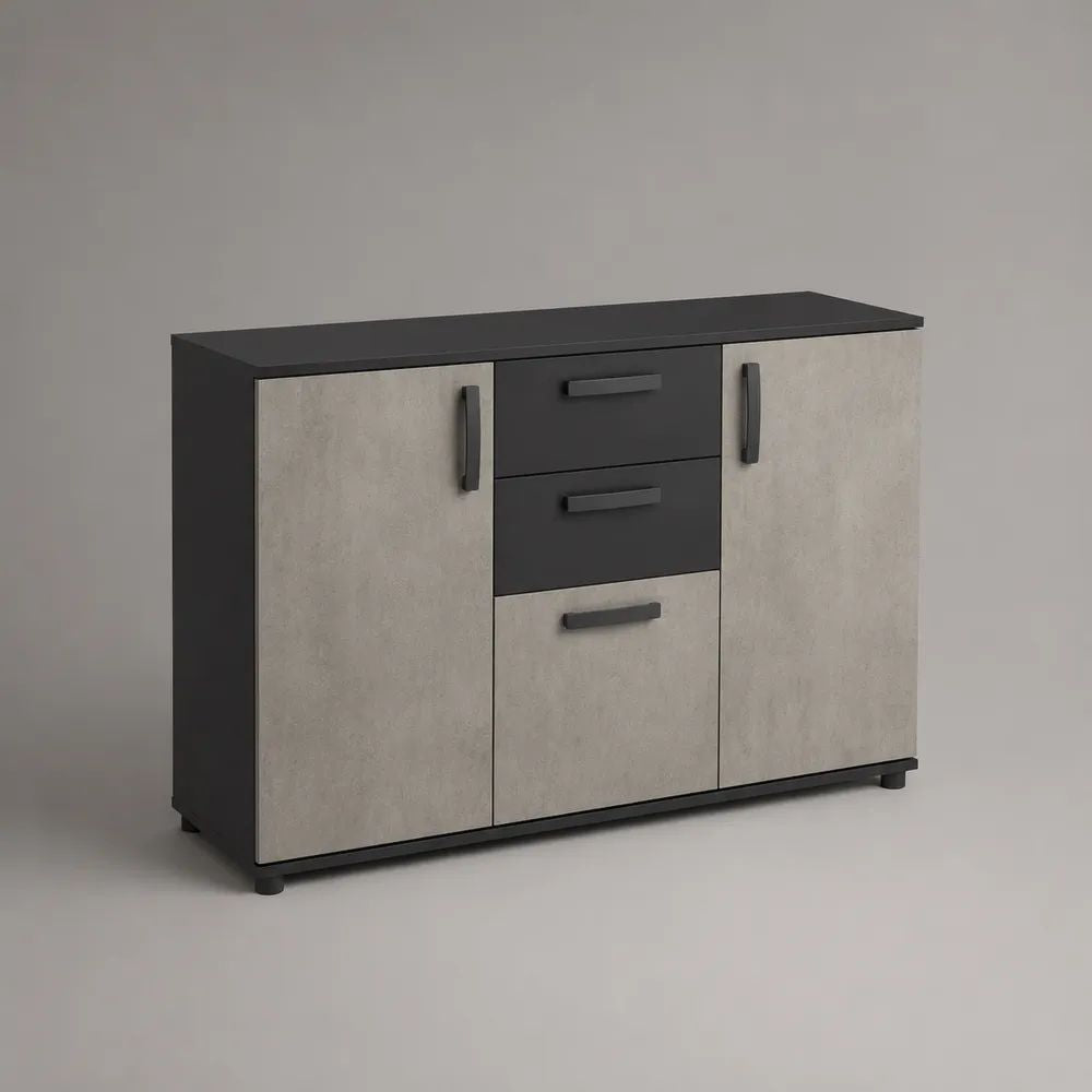 Credenza buffet rettangolare in pannello truciolare nobilitato con 3 ante e 2 cassetti, grigio cemento e antracite, 120 x 35 x 90 cm