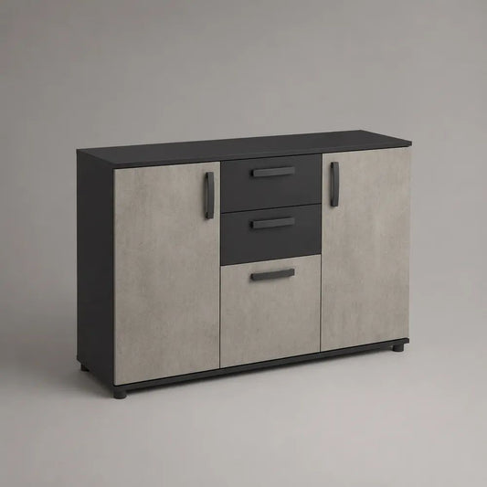 Credenza buffet rettangolare in pannello truciolare nobilitato con 3 ante e 2 cassetti, grigio cemento e antracite, 120 x 35 x 90 cm