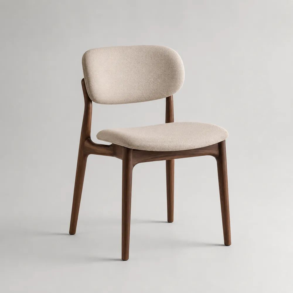 Sedia da pranzo imbottita in legno massello e tessuto beige, finitura noce, 52 × 55 × 80 cm