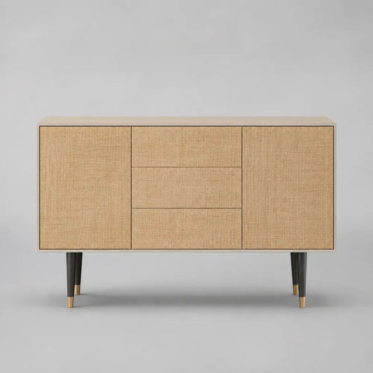 Credenza rettangolare in MDF e rattan intrecciato con 2 ante e 3 cassetti, beige, nero e ottone, 140 x 40 x 85 cm
