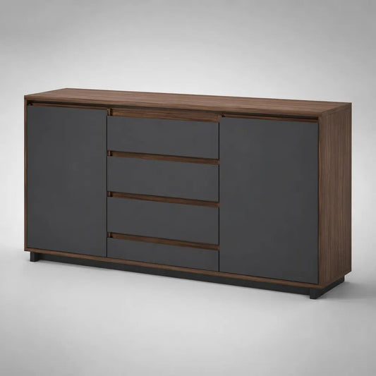 Madia credenza rettangolare in legno e metallo con 2 ante e 4 cassetti, Noce/Antracite/Nero, 150 x 40 x 85 cm