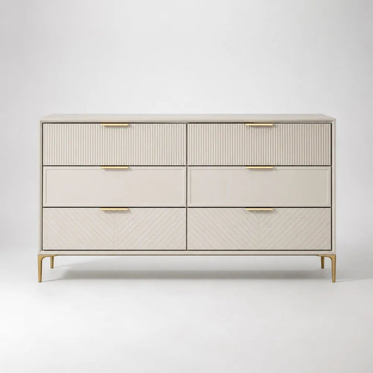 Credenza cassettiera rettangolare a 6 cassetti in MDF e acciaio, bianco avorio e oro, 120 x 40 x 80 cm