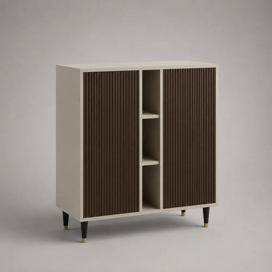 Credenza alta rettangolare a 2 ante in MDF scanalato beige e marrone scuro, 100 × 40 × 120 cm