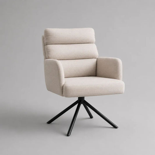 Sedia da pranzo girevole con braccioli, rivestimento in poliestere beige e base in acciaio nero, 74 x 75 x 98 cm