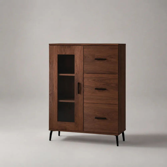 Credenza alta rettangolare in MDF e vetro con anta e 3 cassetti, marrone noce, nero e fumé scuro, 100 x 40 x 140 cm