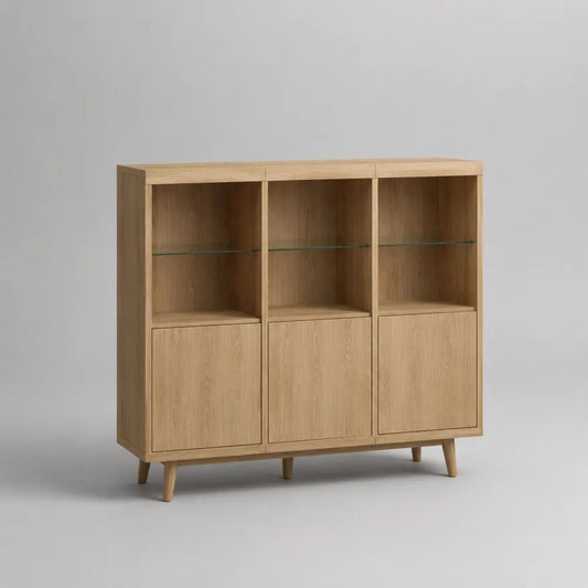 Credenza alta rettangolare in legno e vetro con 3 ante e 3 ripiani, rovere naturale, 120 × 40 × 120 cm
