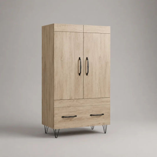 Credenza alta rettangolare in truciolare melaminico, rovere chiaro e nero, con 2 ante e 1 cassetto, 90 x 40 x 160 cm