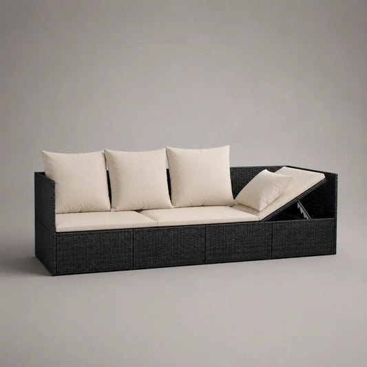 Lettino prendisole da esterno a 3 posti con schienale regolabile, struttura in polyrattan nero e cuscini crema, 200 x 75 x 65 cm