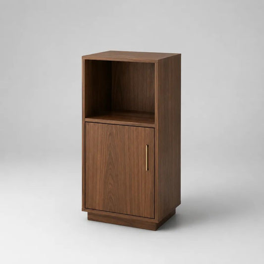 Credenza stretta rettangolare in MDF impiallacciato con anta e vano aperto, marrone noce e ottone, 45 x 40 x 100 cm