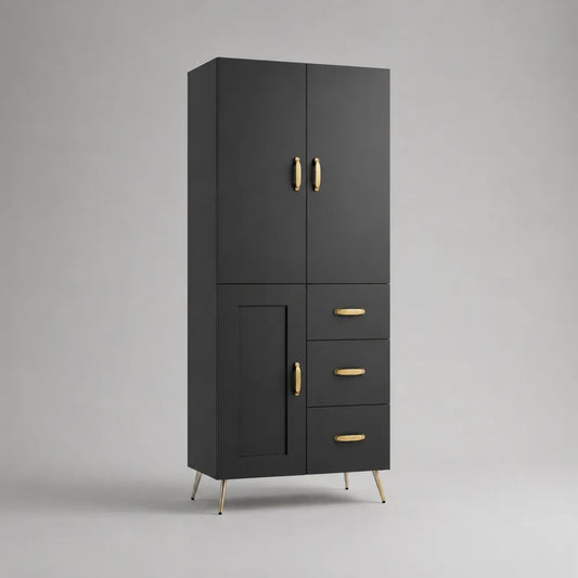 Mobile contenitore alto in MDF e truciolare con 3 ante e 3 cassetti, nero e oro, 90 x 40 x 180 cm