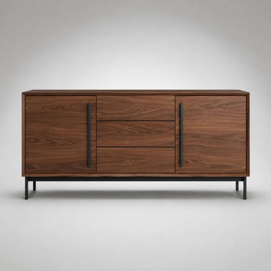 Madia credenza rettangolare in MDF e acciaio nero con 2 ante e 3 cassetti, marrone noce, 160 x 40 x 78 cm